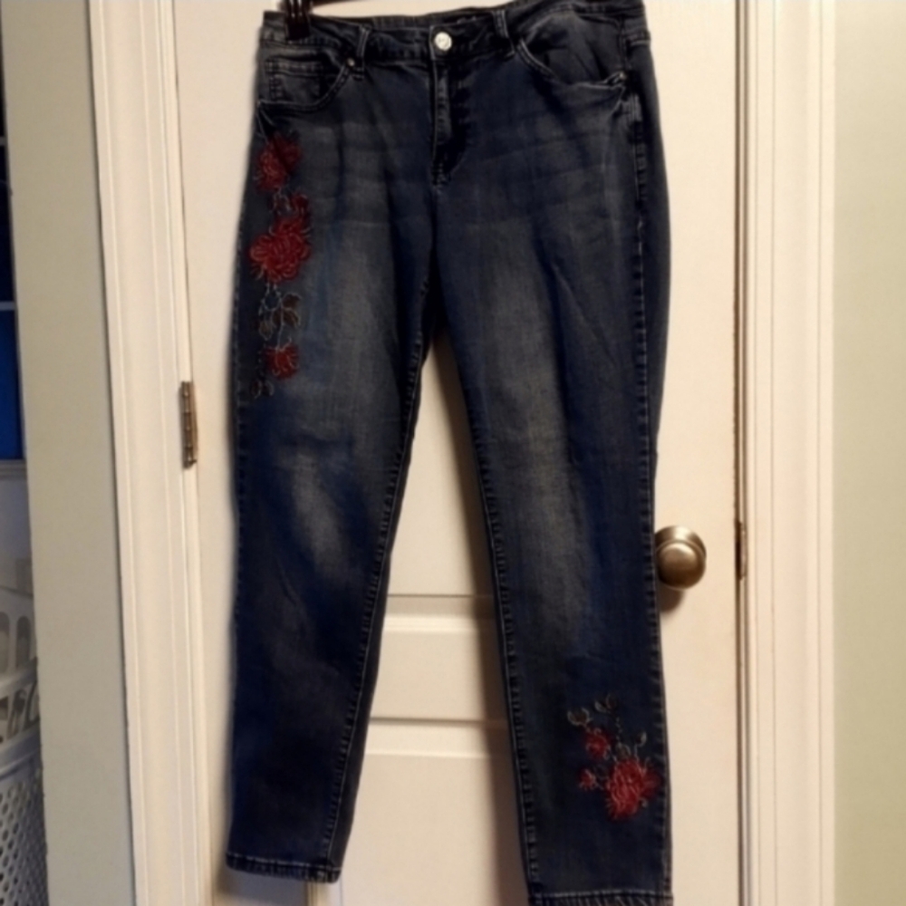 Earl Embroidered Blue Jeans Women's 14 Skinny Floral Medium Wash Red Blue